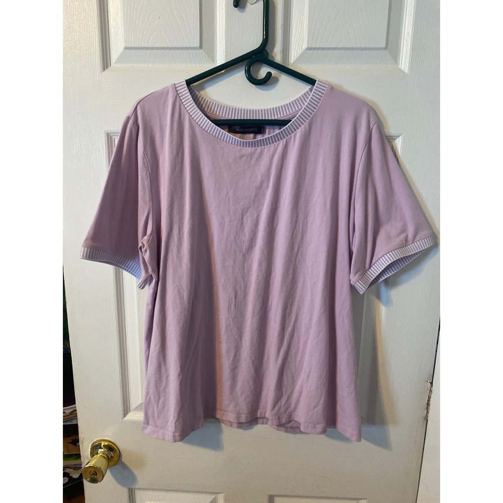 Merokeety Lavender Purple Short Sleeve Striped Trim Crew Neck Top XXL